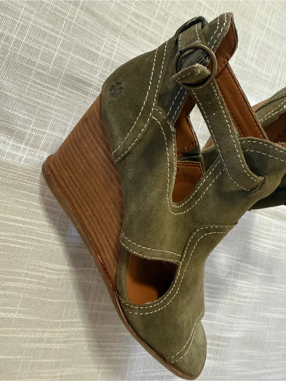Lucky Brand Olive Green Suede Peep-Toe Wedge Sandals